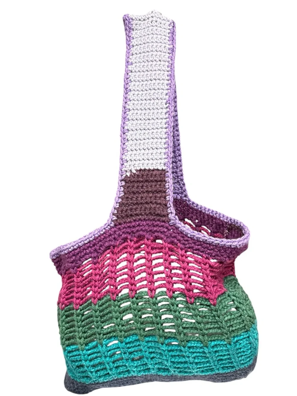 Handmade Crochet Colorblock Market Tote Bag Purple Teal Pink Boho Festival Bag